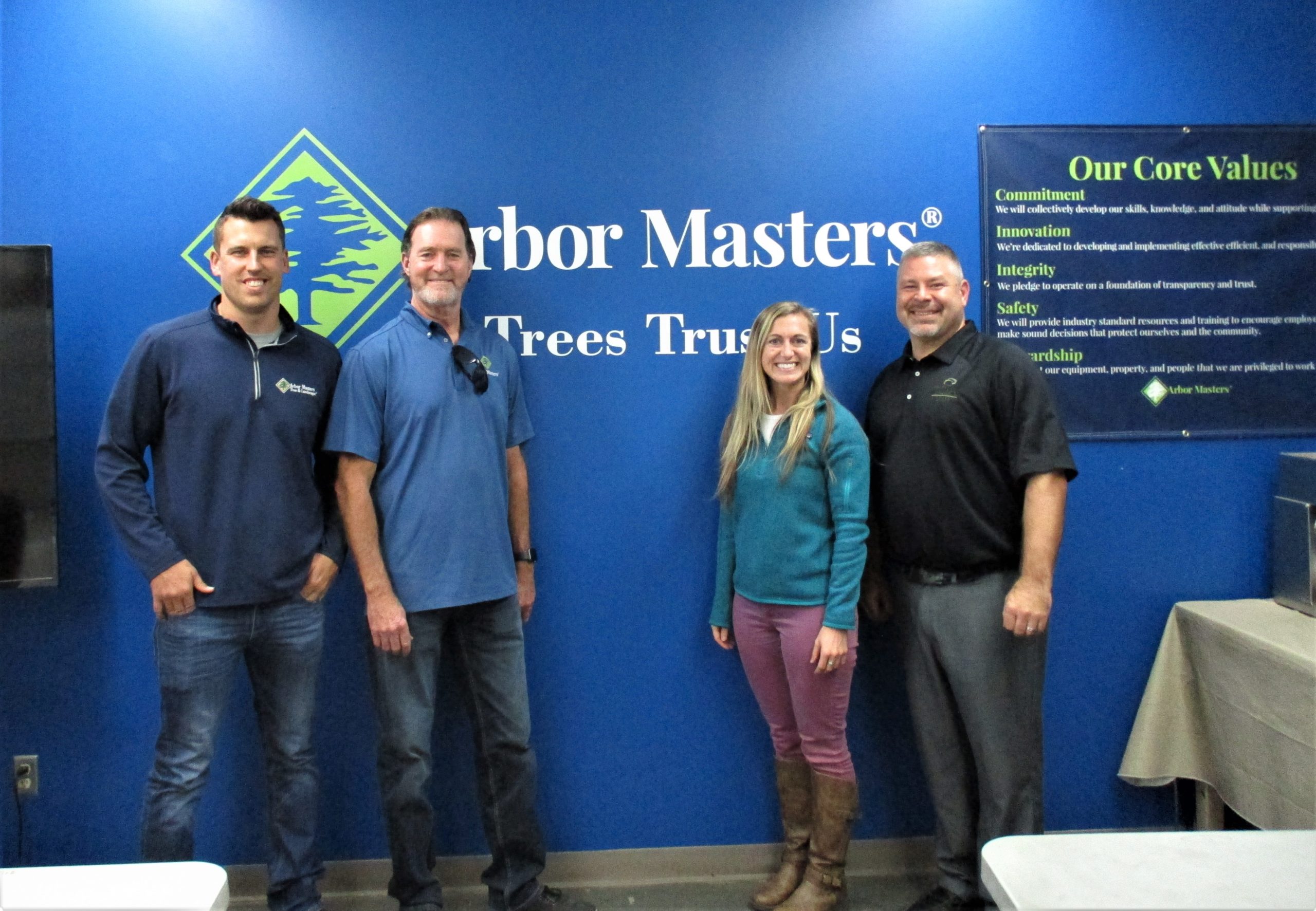 L to R- Adam Faust Cert. Arborist – CEO & Owner Ron Keith – Recruiter Shawnee Barron – MEC John Lewis at Arbor Masters HQ in Shawnee, Kansas